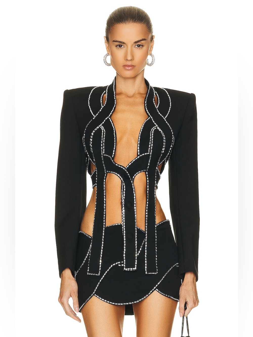 AREA Black Crystal-Trim Cutout Blazer and Skirt set Size S
